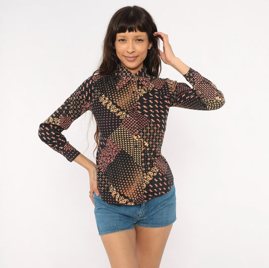 70s Gina Fashion Patchwork Button Blouse Black Pink Tan Paisley Cotton Extra Small