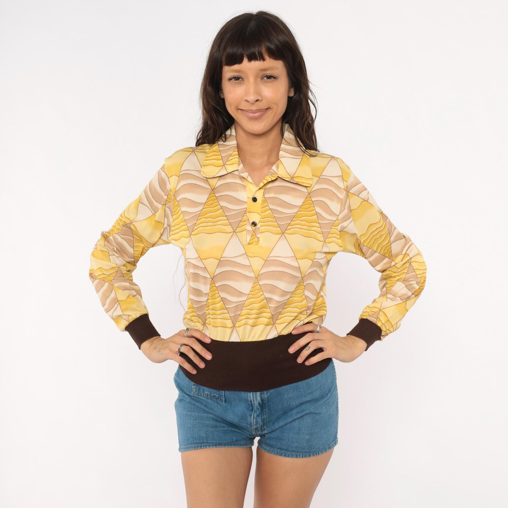 70s Diamond Harlequin Polo Blouse Yellow Beige Long Sleeve Small