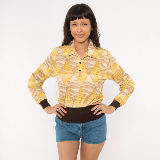 70s Diamond Harlequin Polo Blouse Yellow Beige Long Sleeve Small