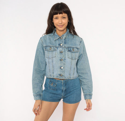 90s Lee Cropped Denim Jacket Light Wash Blue Cotton Trucker Small S