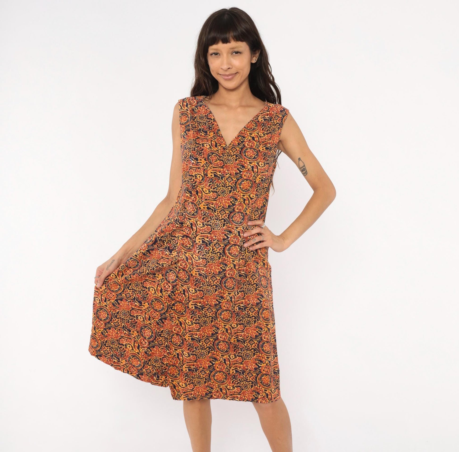 70s Batik Sundress Navy Rust Brown Paisley Floral Cotton V-Neck Medium M