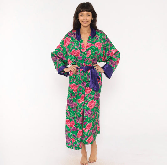 90s Victoria's Secret Green Floral Kimono Robe Satin Trim Medium Large