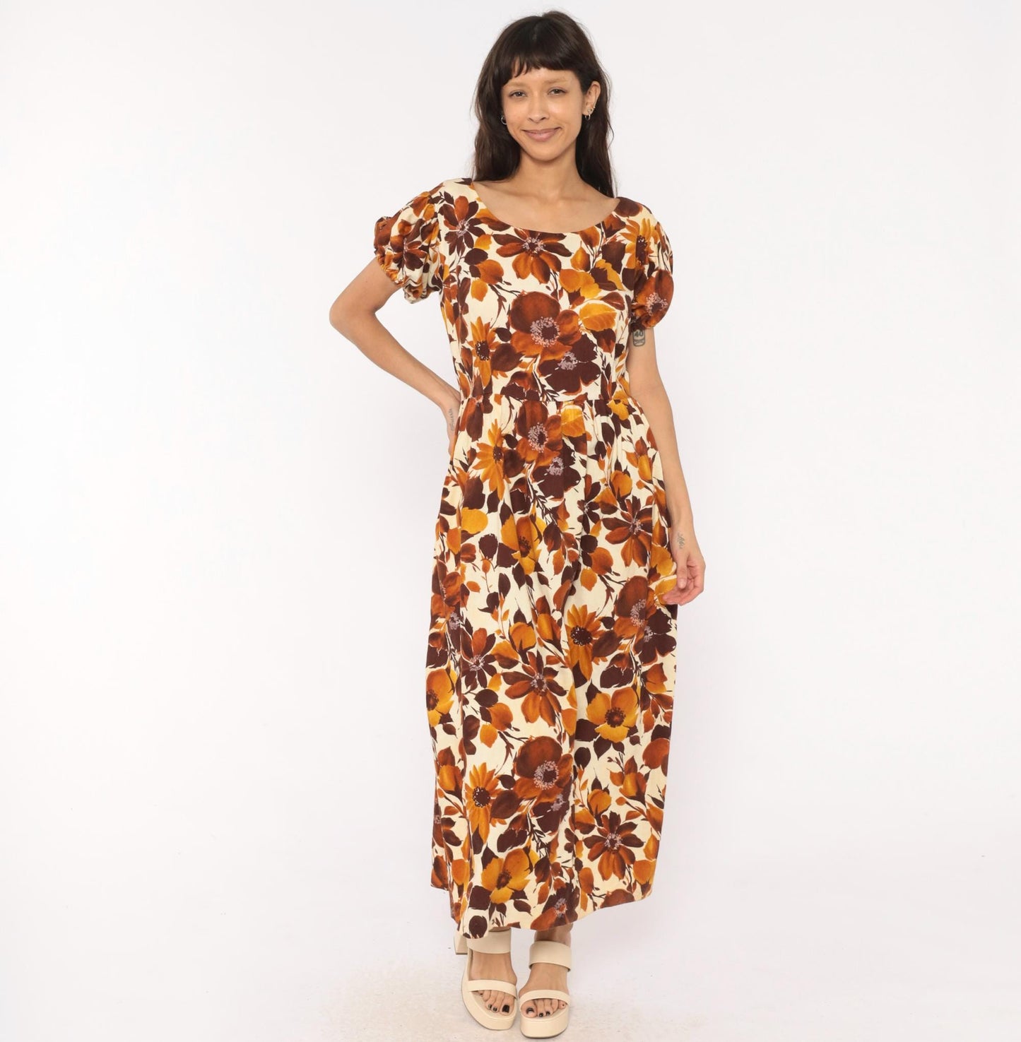 70s Floral Maxi Dress Brown Puff Sleeve Empire Waist Cotton Large L
