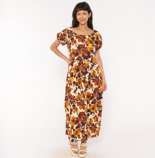 70s Floral Maxi Dress Brown Puff Sleeve Empire Waist Cotton Large L