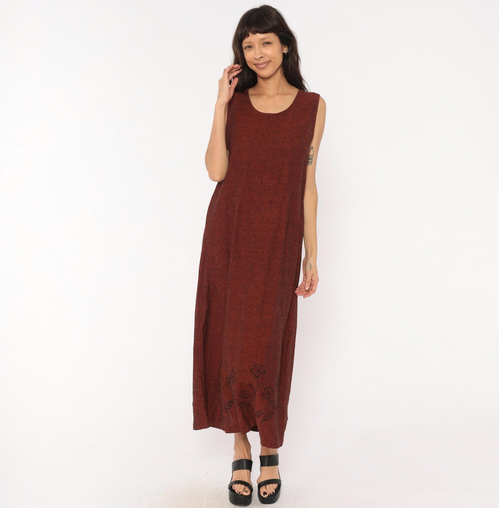 90s Country Wear Casuals Burgundy Linen Maxi Dress – Shopexile