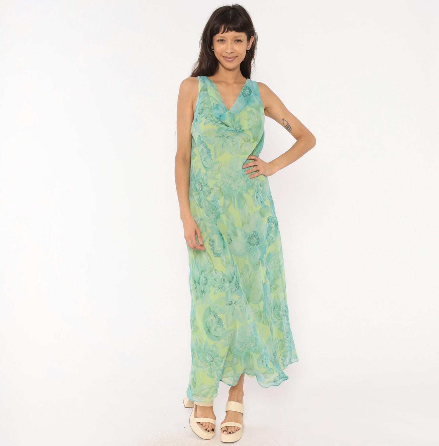 90s Plaza South Floral Chiffon Maxi Dress Aqua Lime Sequin V-Neck Extra Large XXL