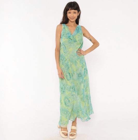 90s Plaza South Floral Chiffon Maxi Dress Aqua Lime Sequin V-Neck Extra Large XXL