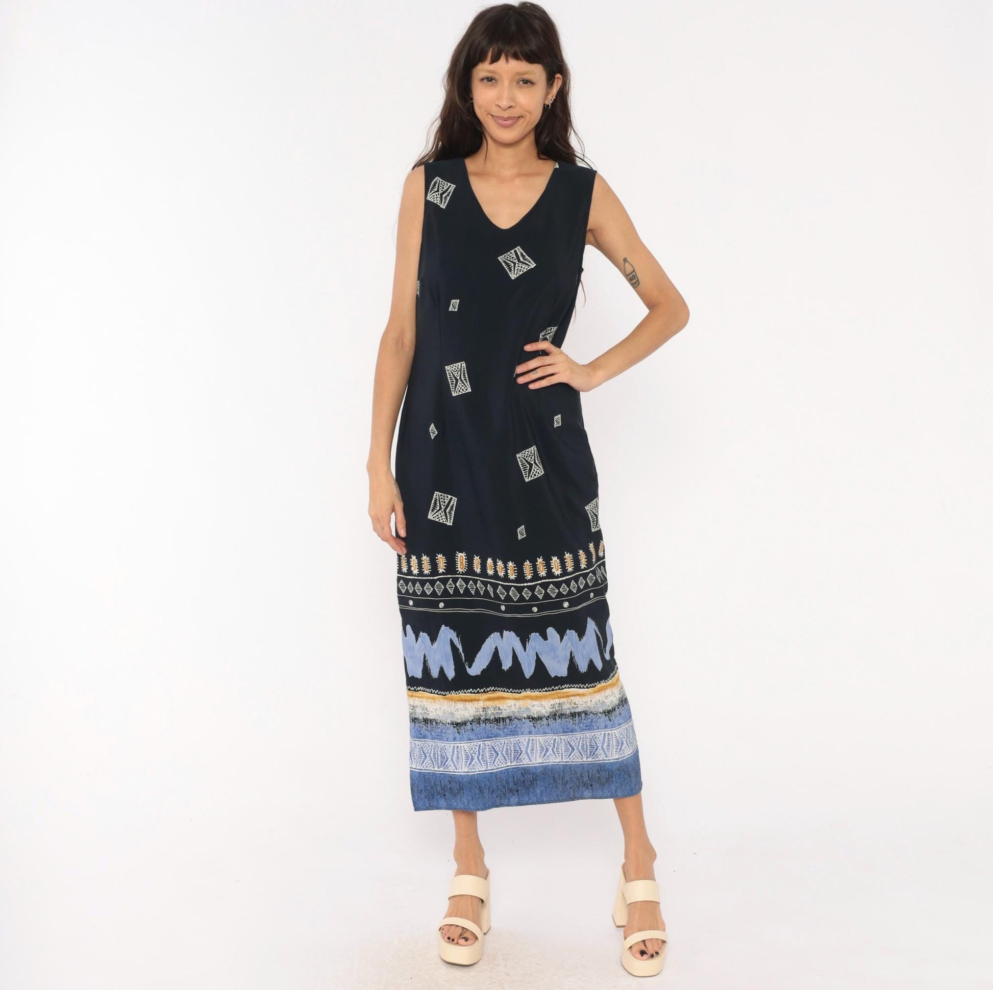 90s Dress Barn Navy Maxi Dress Geometric Tribal Border Sleeveless Large L