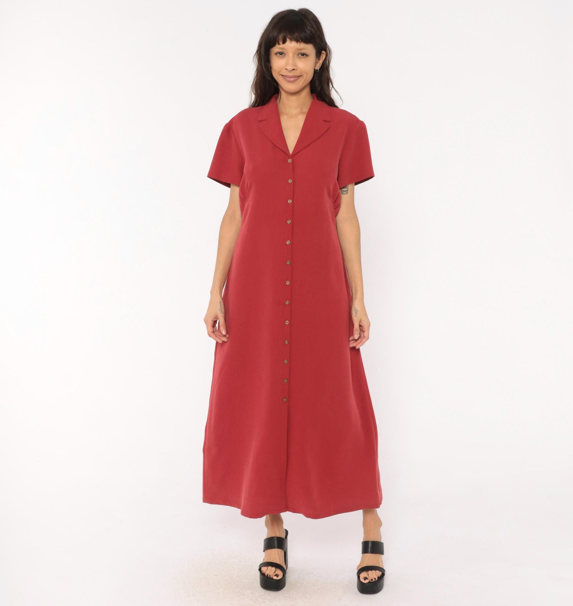 90s Liz Claiborne Burgundy Maxi Shirtdress Notched Collar Button Front Extra Large
