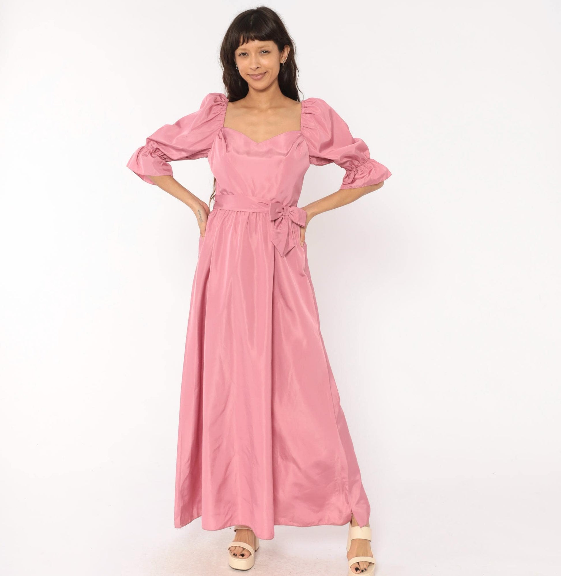 80s Rose Pink Maxi Gown Sweetheart Puff Sleeve Bow Belt Small
