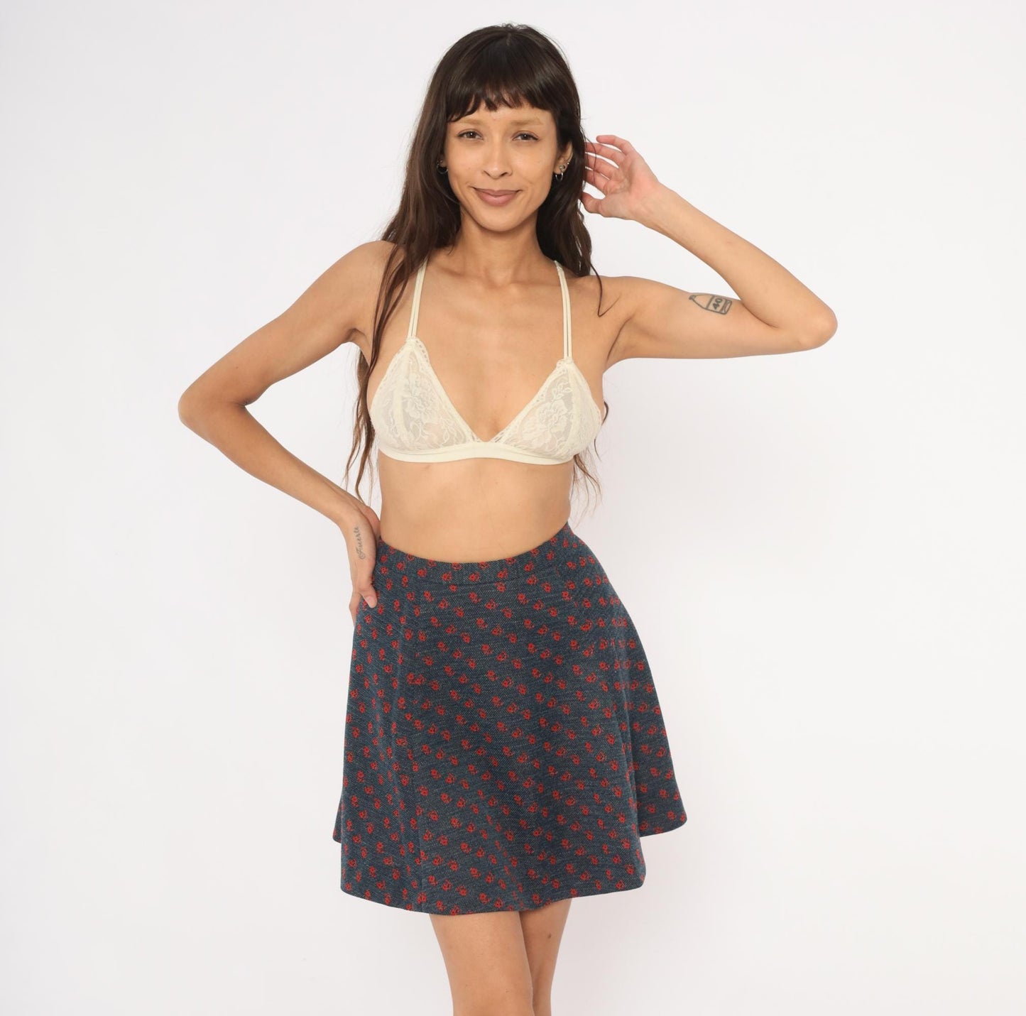 70s Navy Floral Mini Skirt High Waist Circle Flare Red Daisy Print XS