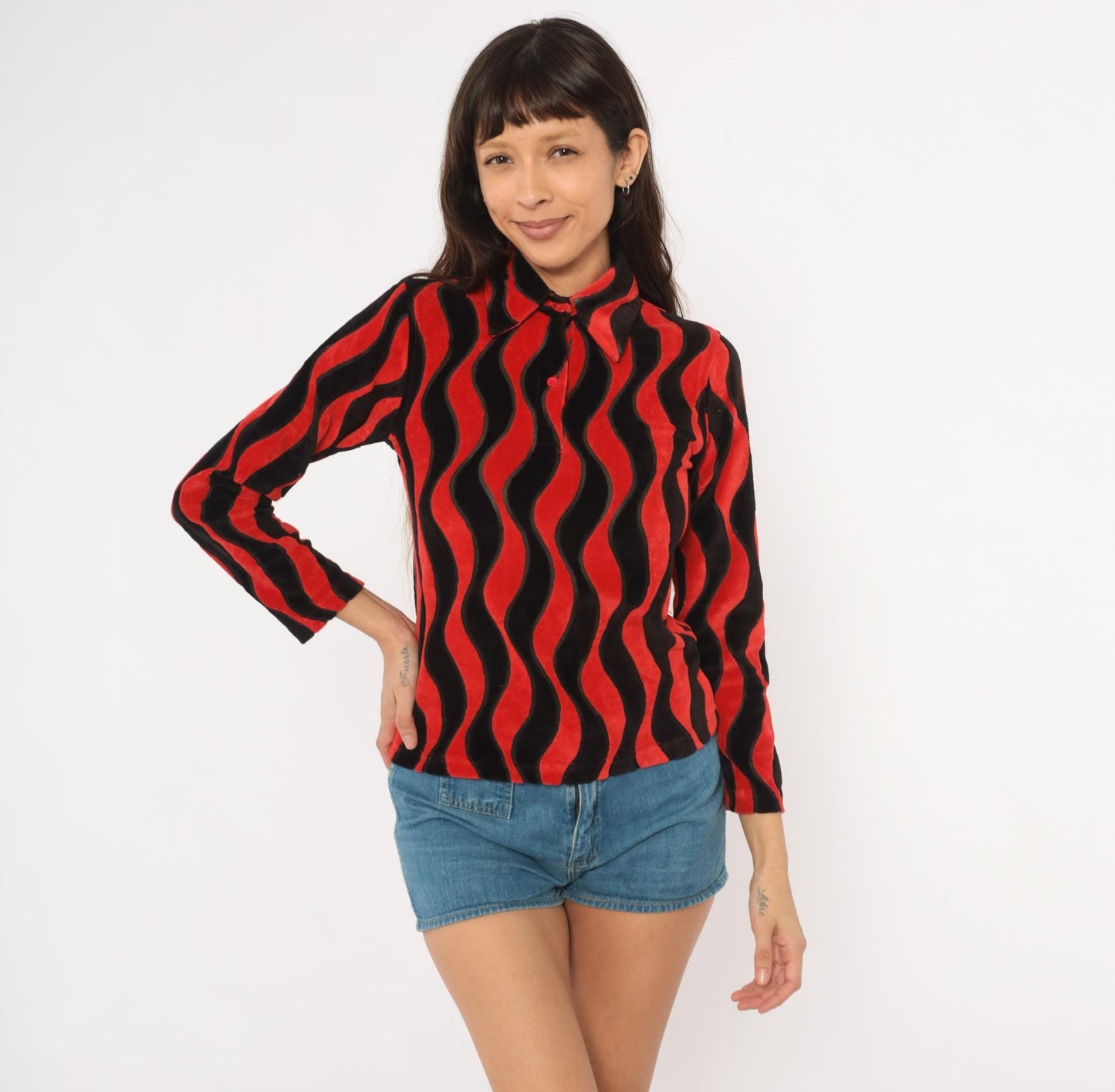 Y2K Psychedelic Wave Collared Shirt Red Black Wavy Stripe Long Sleeve Extra Small