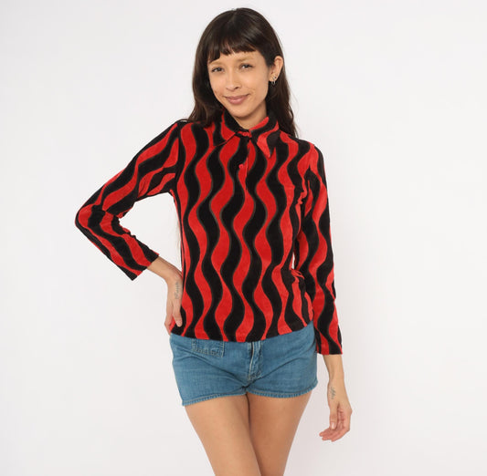 Y2K Psychedelic Wave Collared Shirt Red Black Wavy Stripe Long Sleeve Extra Small