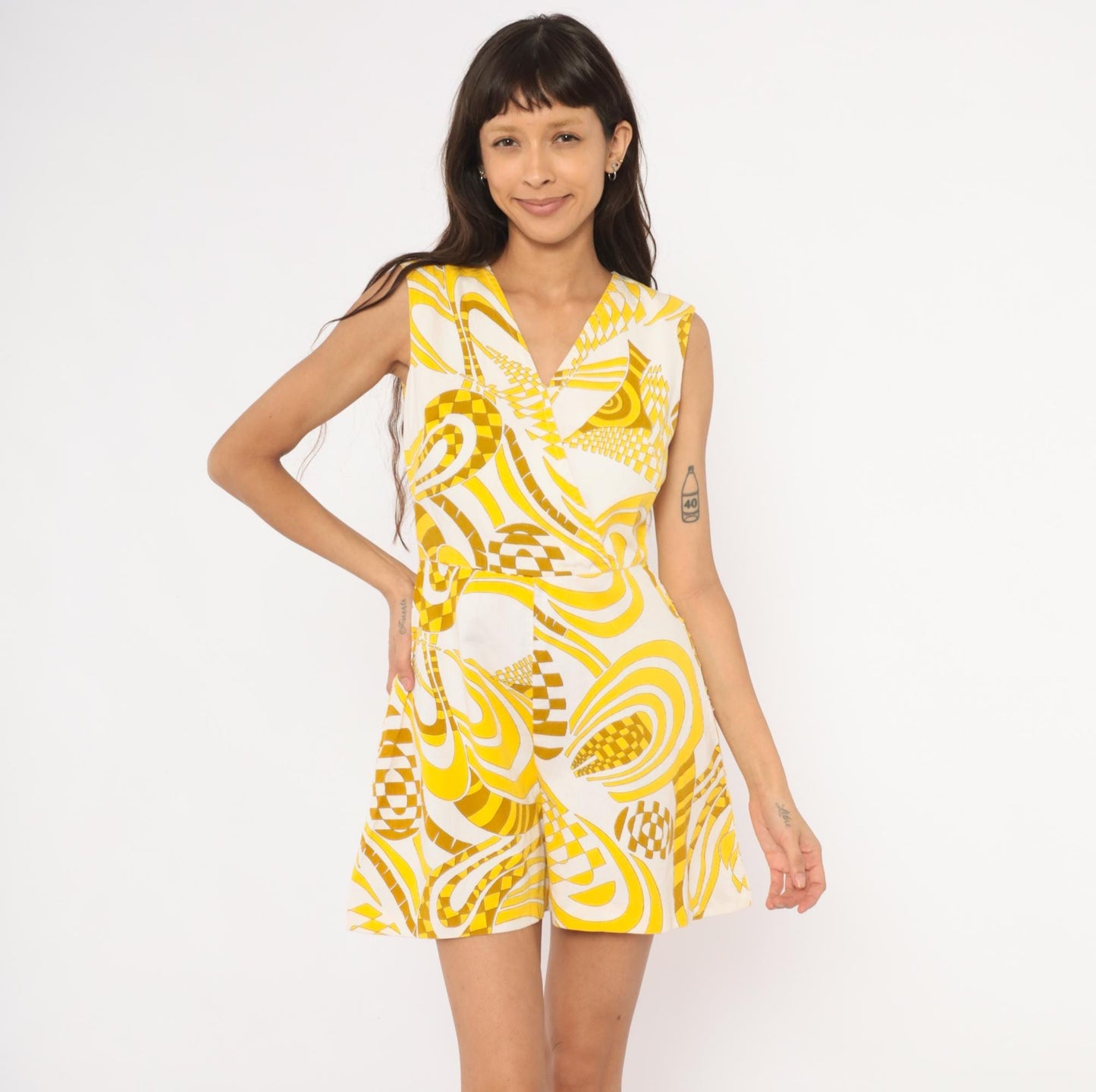 60s Psychedelic Yellow White Romper Sleeveless Cotton Playsuit Small S