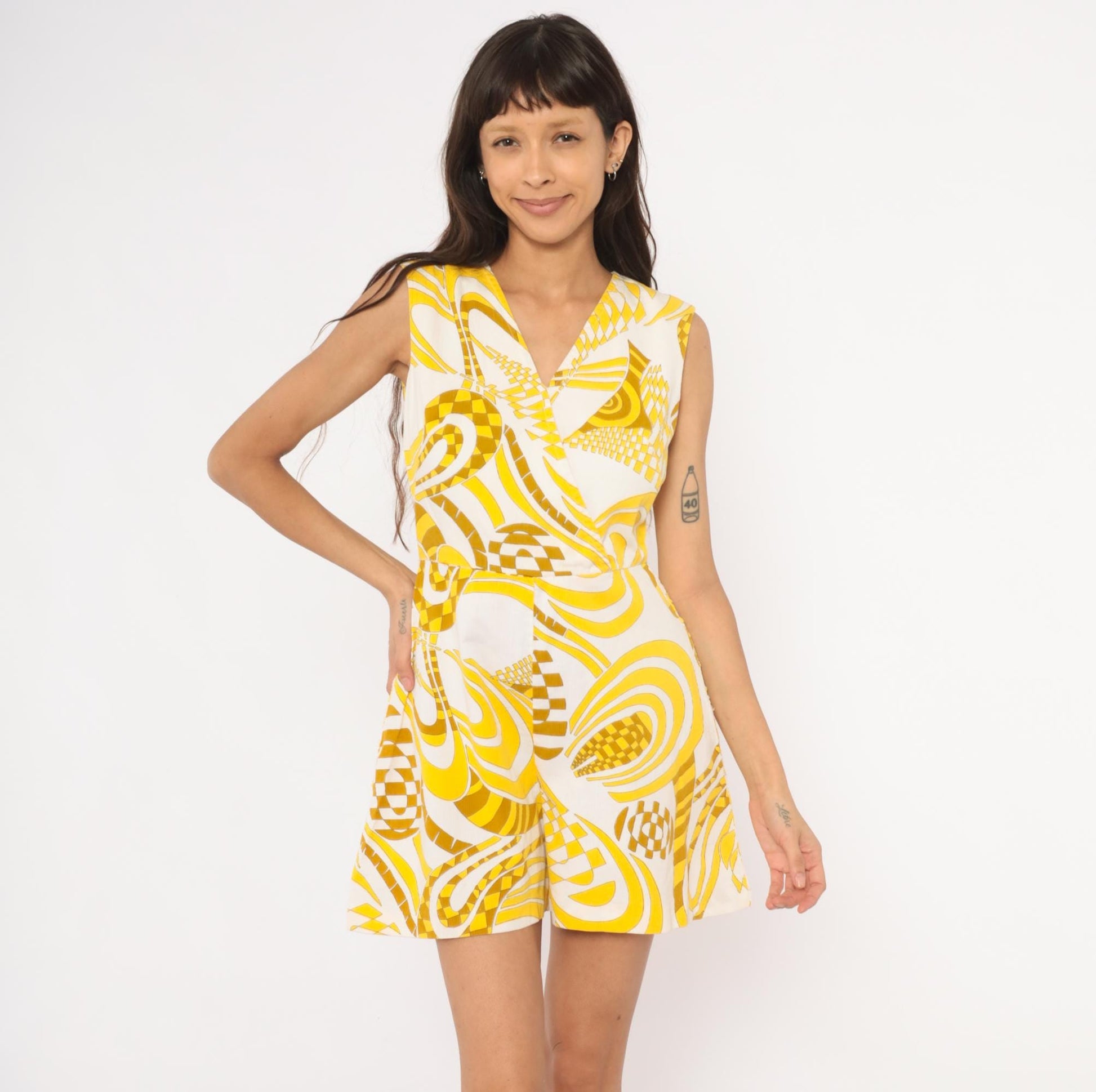 60s Psychedelic Yellow White Romper Sleeveless Cotton Playsuit Small S