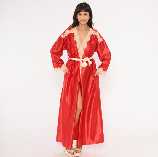 70s Tom Bezduda Barad Red Satin Robe Lace Trim Maxi Tie Front Medium