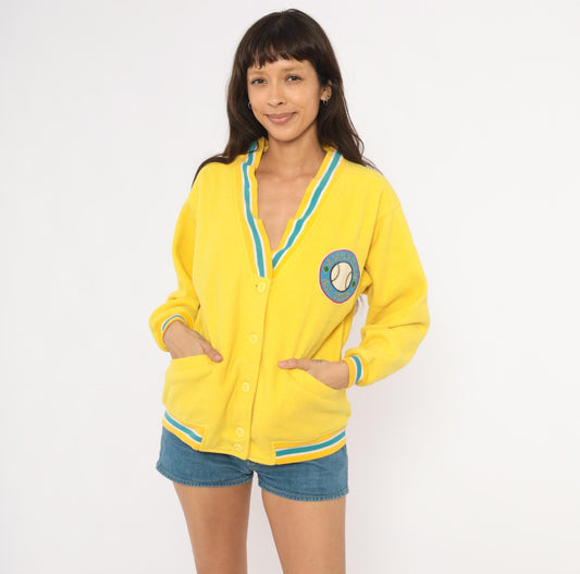 90s Energie Yellow Varsity Cardigan Baseball Patch Teal Striped Small S
