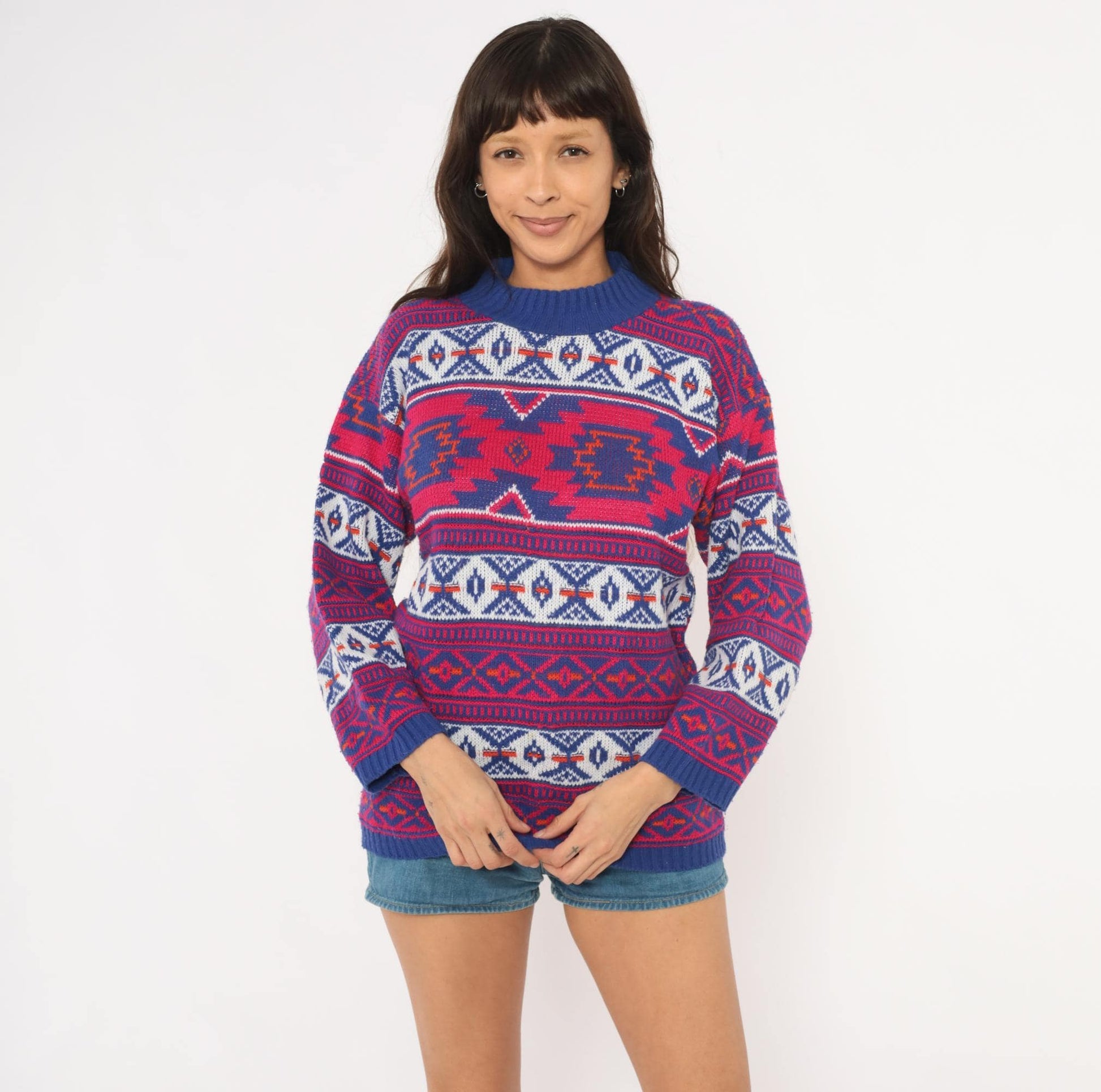 90s Croquet Southwestern Geometric Knit Pullover Navy Blue Pink Medium M