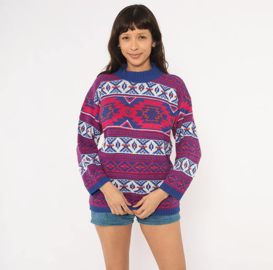 90s Croquet Southwestern Geometric Knit Pullover Navy Blue Pink Medium M