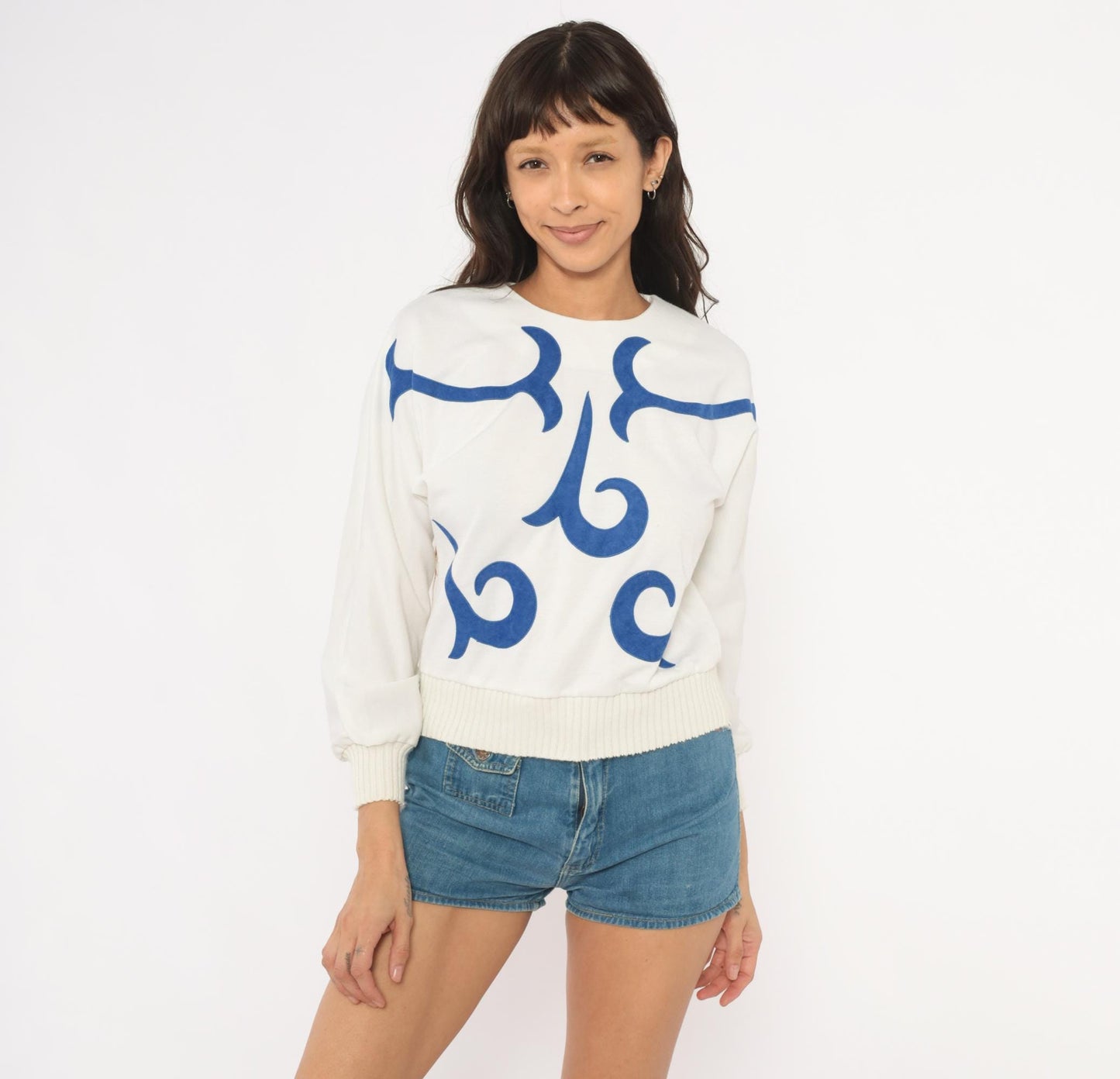 80s Leslie Fay White Cobalt Appliqué Sweatshirt Cropped Balloon Sleeve Extra Small XS
