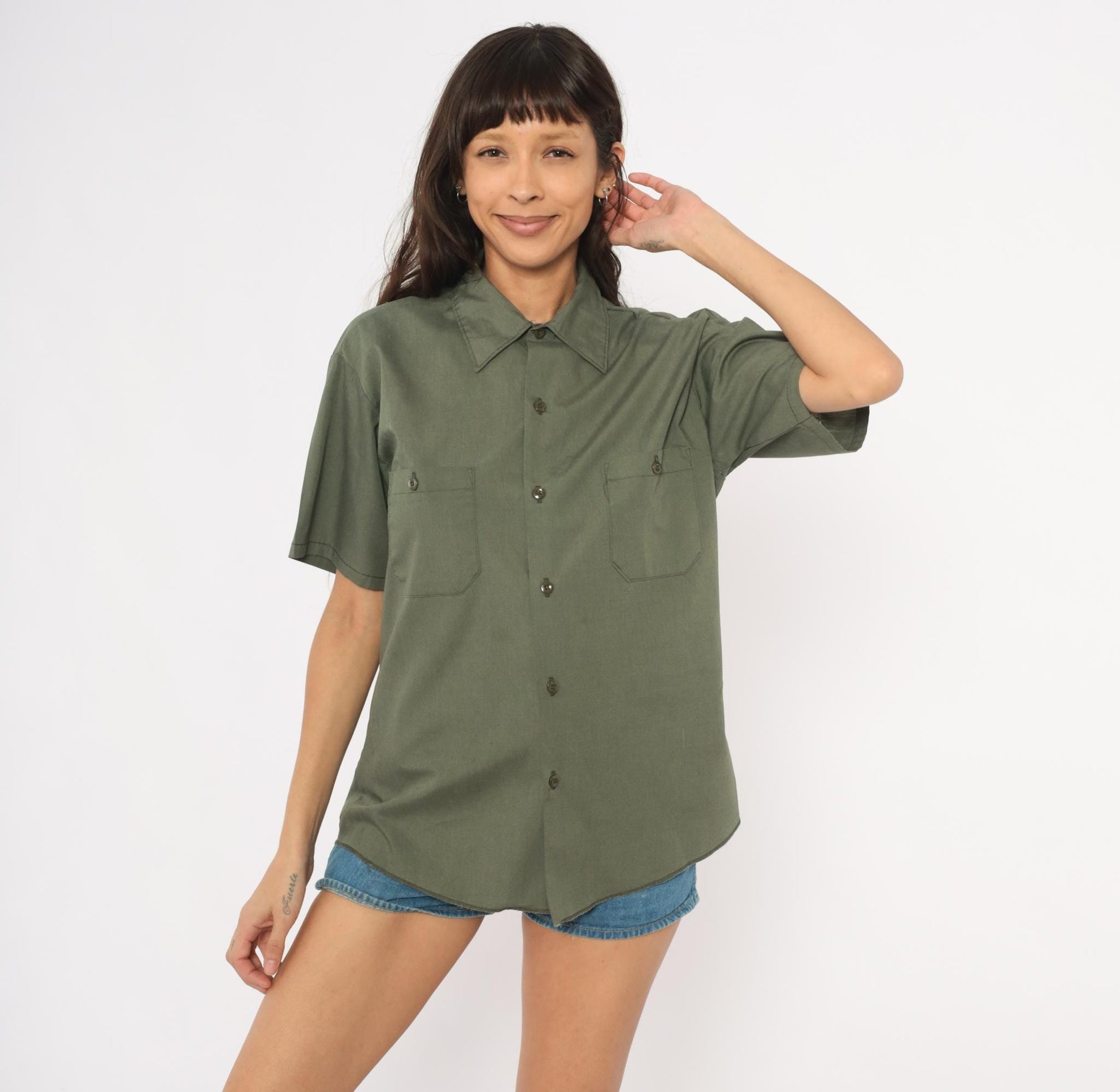 70s Sears Olive Work Shirt Pointed Collar Short Sleeve Utility Blouse Medium M
