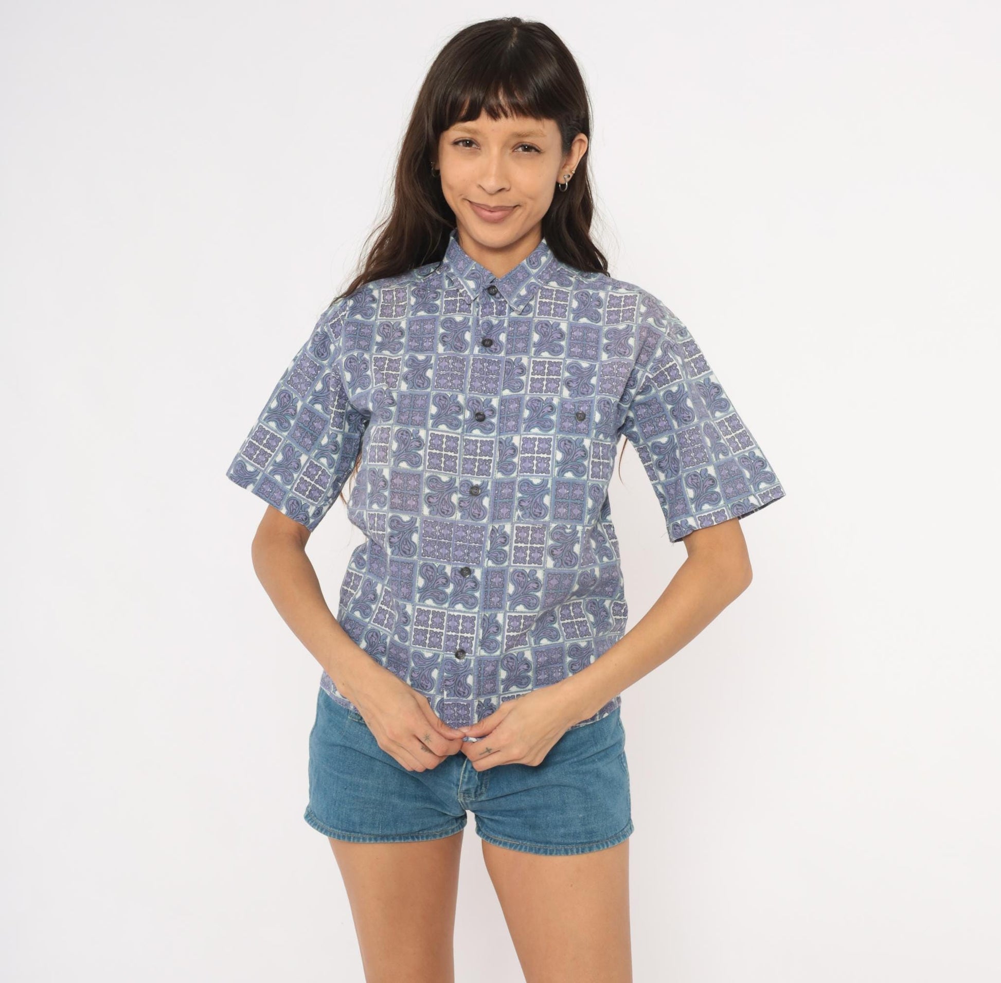 90s Tomorrow's Generation Tile Print Shirt Purple Paisley Cotton XS
