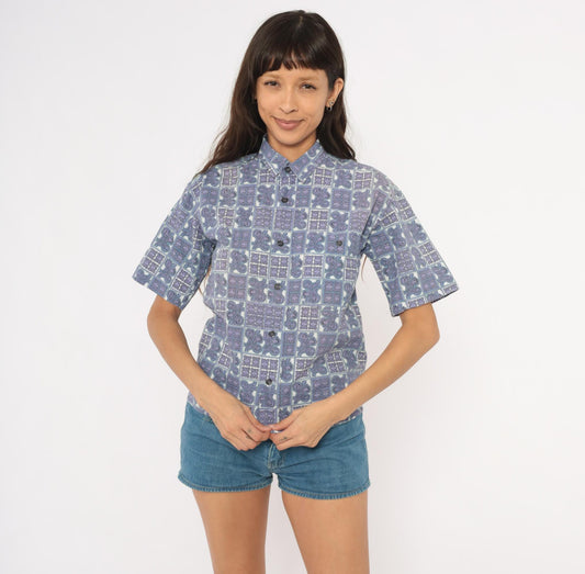 90s Tomorrow's Generation Tile Print Shirt Purple Paisley Cotton XS