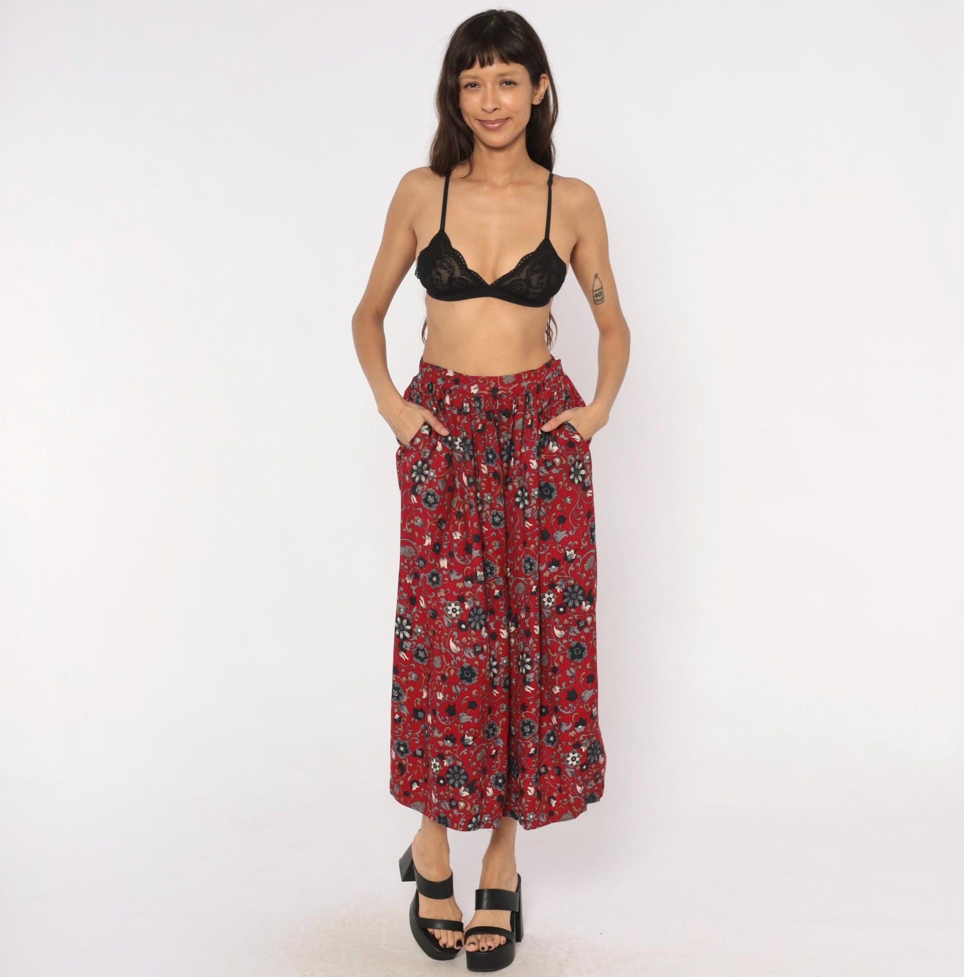 80s David Brooks Floral Midi Skirt Crimson Botanical Gathered Waist Small