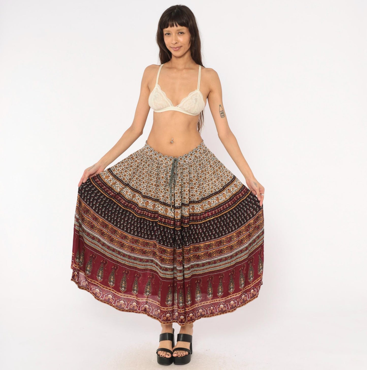90s Sag Harbor Indian Block Print Maxi Skirt Burgundy Paisley Drawstring Large L