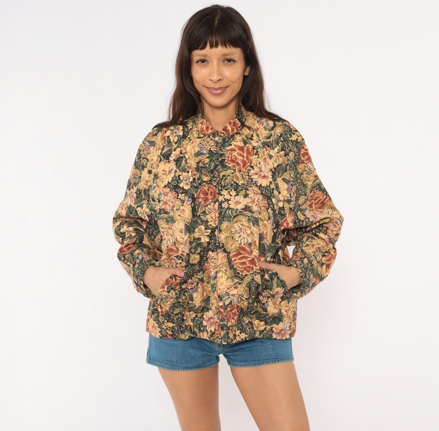 90s On The Verge Floral Tapestry Bomber Jacket Cotton Botanical Tan Burgundy Medium