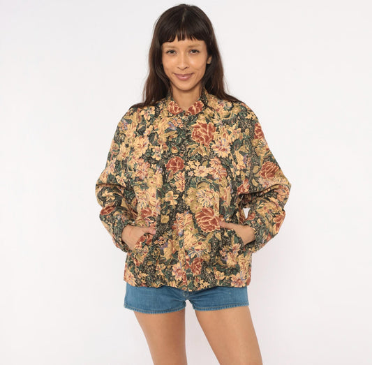 90s On The Verge Floral Tapestry Bomber Jacket Cotton Botanical Tan Burgundy Medium