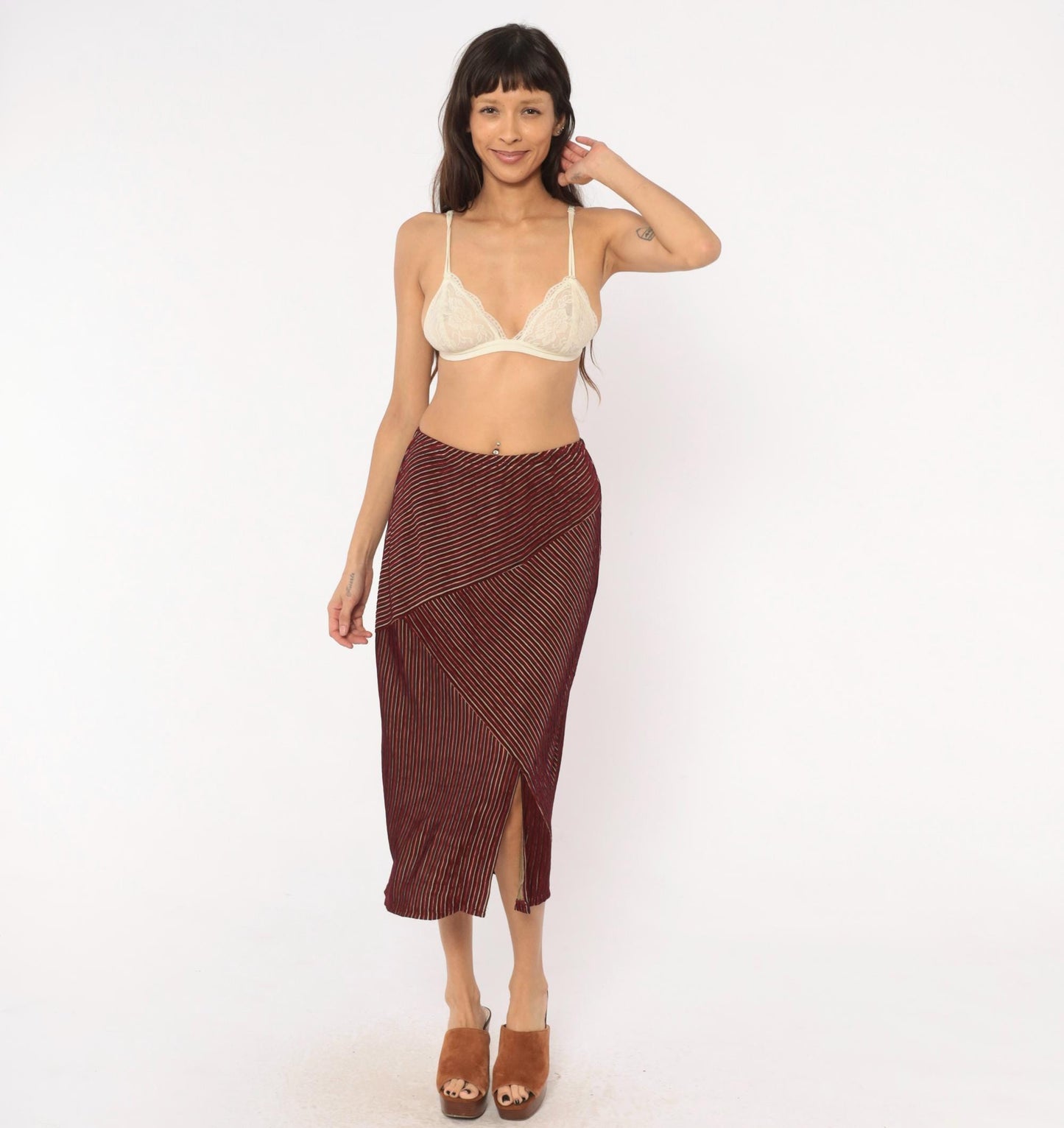 80s Gail Morgado Burgundy Pinstripe Midi Skirt Chevron Panel Small
