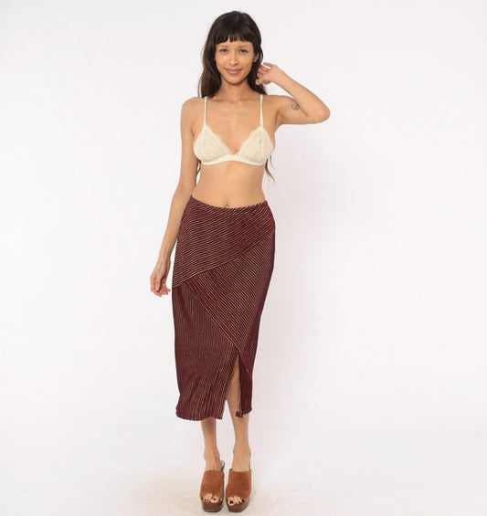 80s Gail Morgado Burgundy Pinstripe Midi Skirt Chevron Panel Small