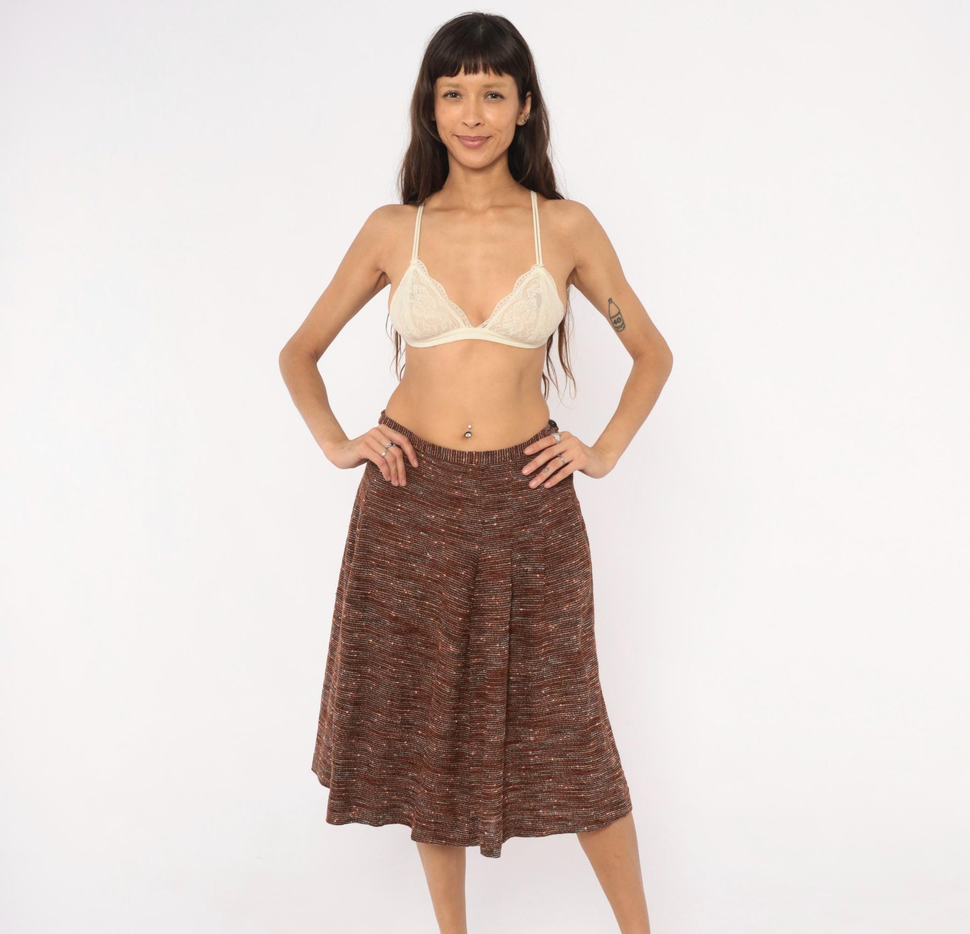 70s Brown Tweed Knit A-Line Midi Skirt Speckled Earth Tone Small