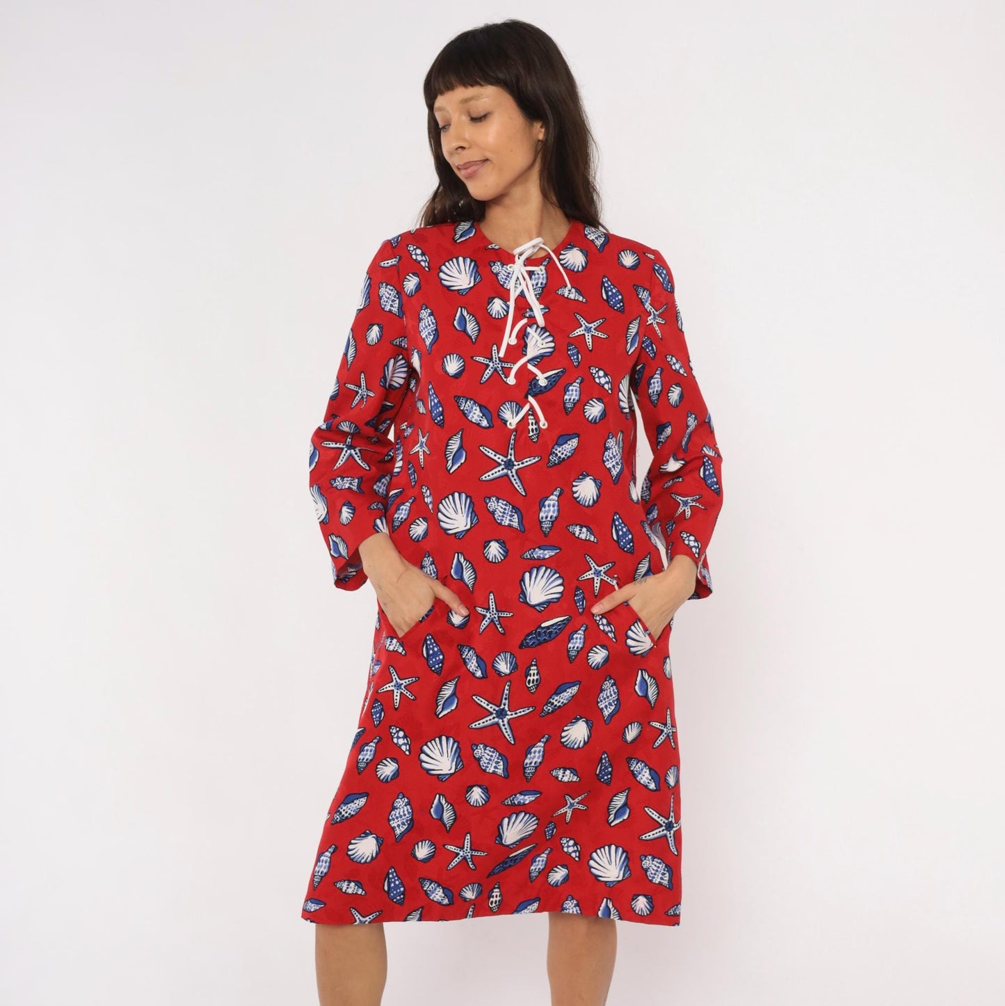 70s Bill Blass Seashell Starfish Print Shift Dress Red Cotton Lace-Up Large L