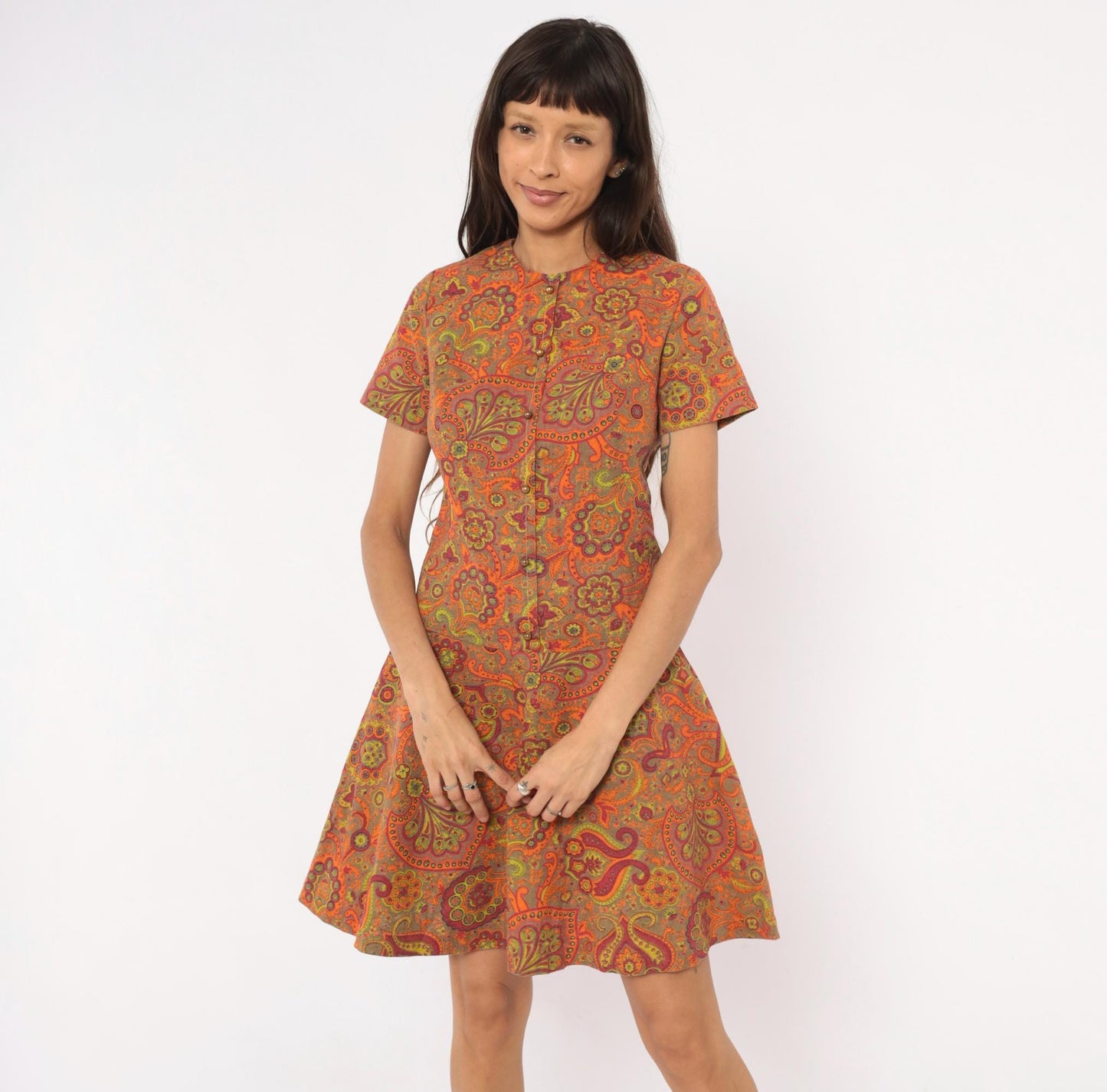 60s Junior West California Paisley Shift Dress Orange Cotton Small