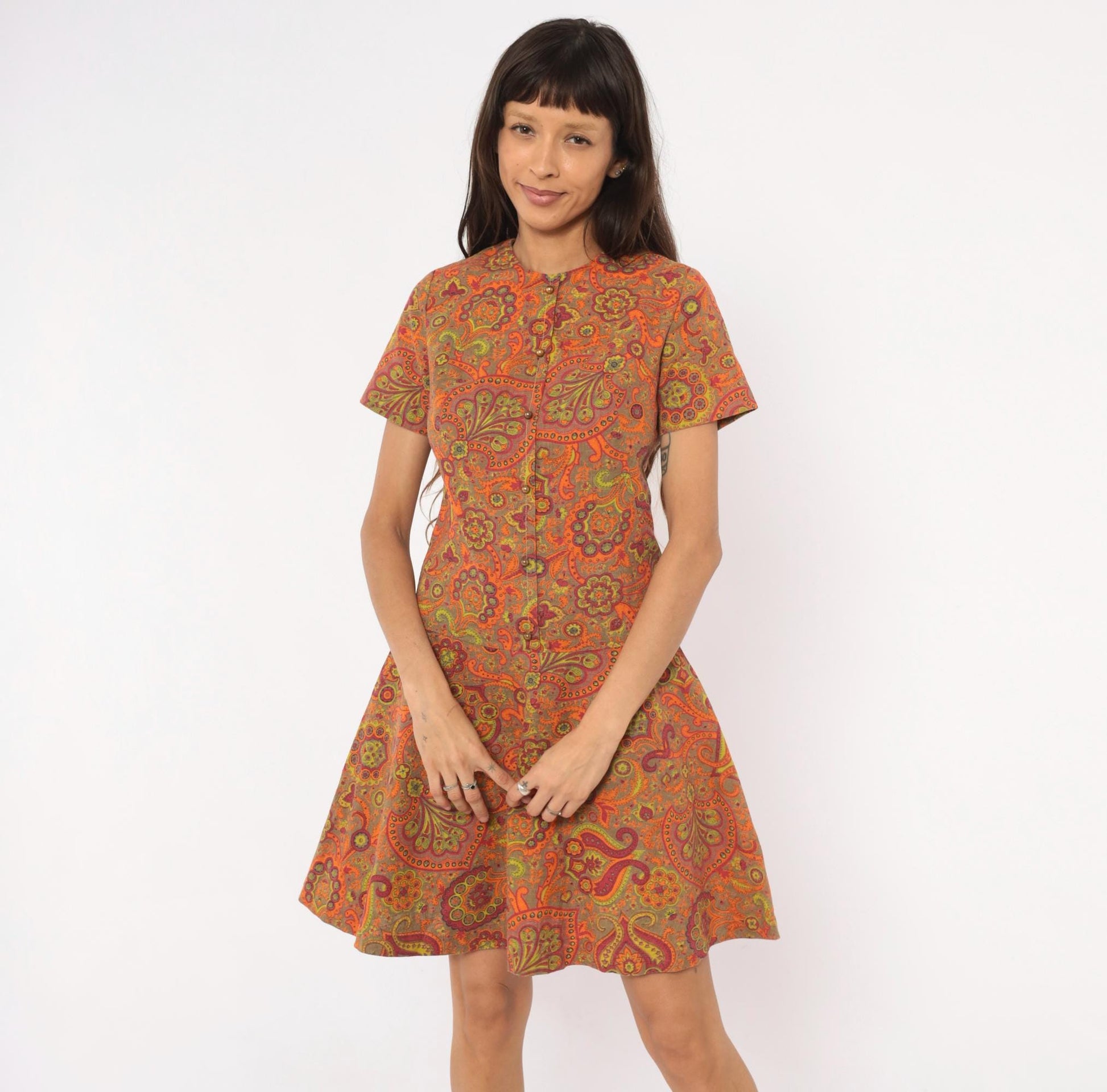 60s Junior West California Paisley Shift Dress Orange Cotton Small