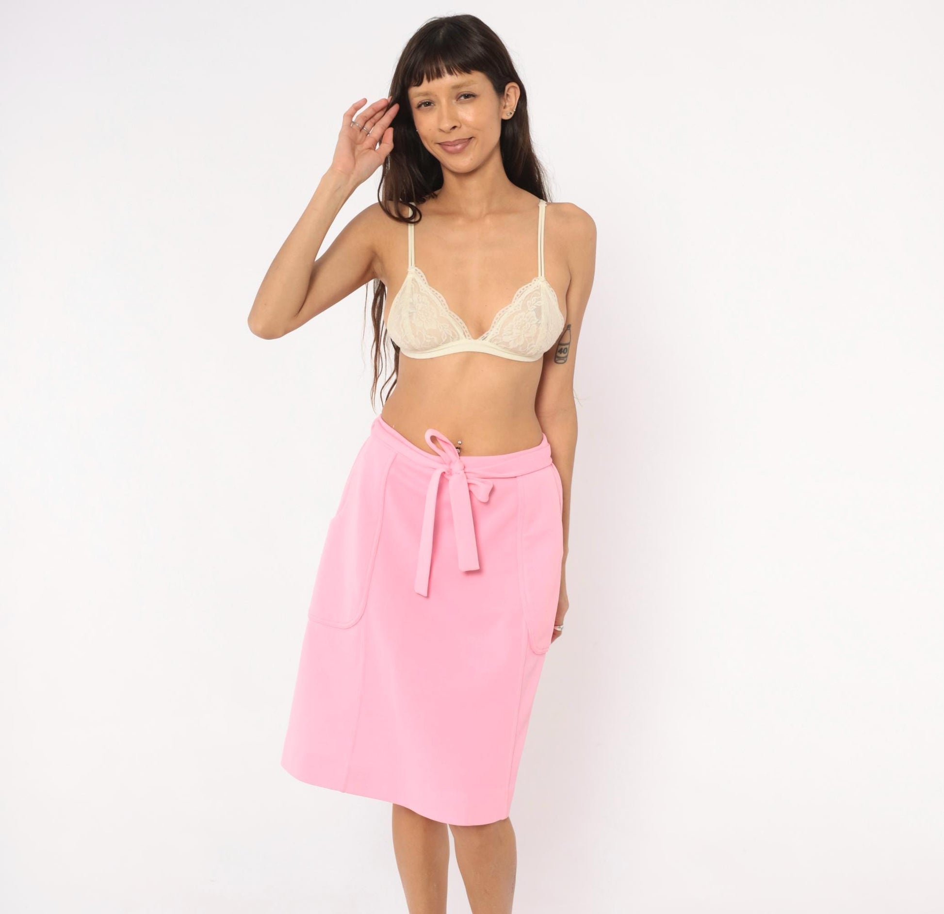 70s Bubblegum Pink Wrap Skirt Tie Waist Patch Pockets Knee-Length Medium