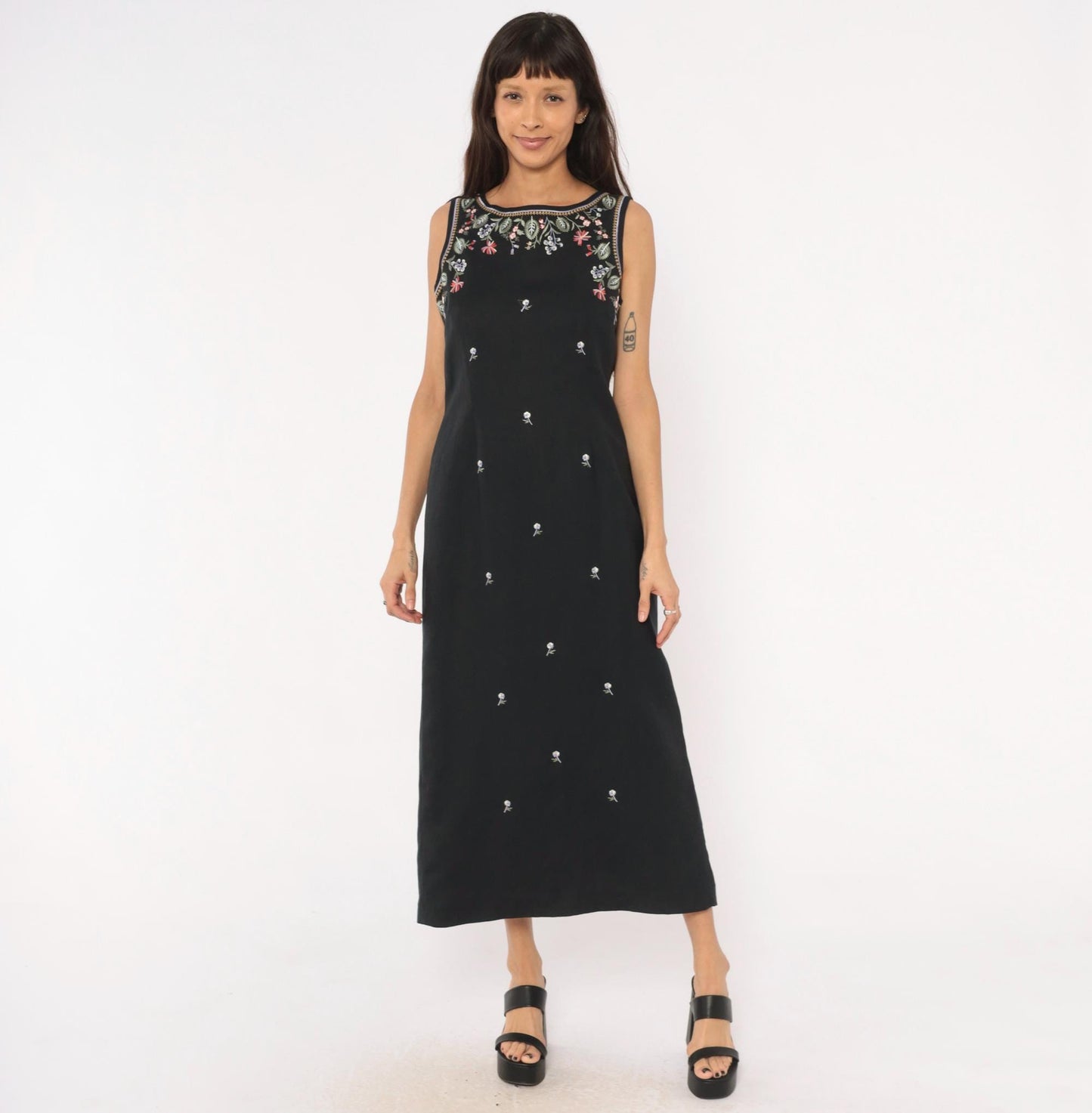 90s Jennifer Eden Black Embroidered Floral Maxi Dress V-Back Slit Medium M