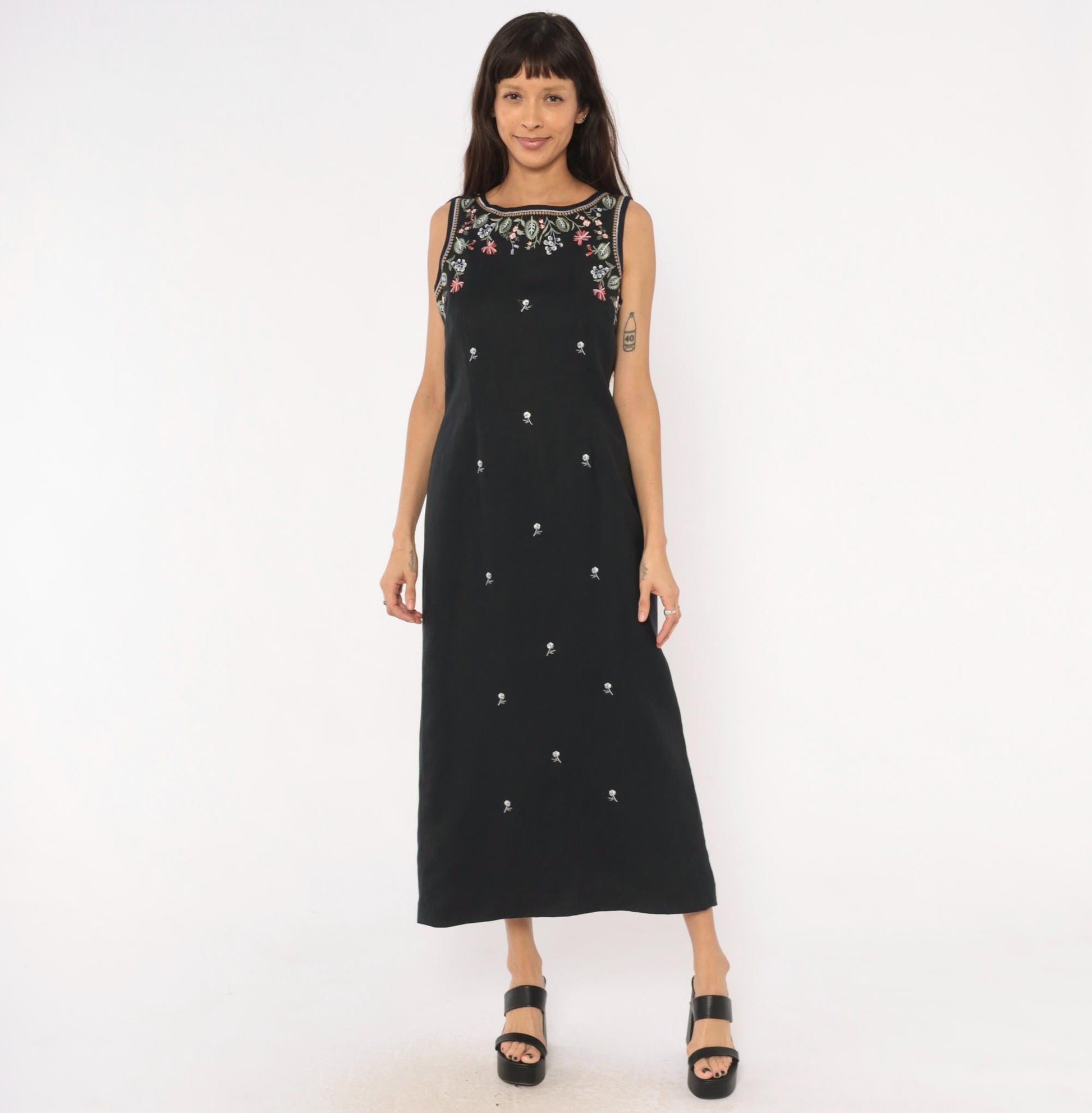 90s Jennifer Eden Black Embroidered Floral Maxi Dress V-Back Slit Medium M