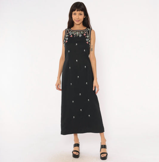 90s Jennifer Eden Black Embroidered Floral Maxi Dress V-Back Slit Medium M