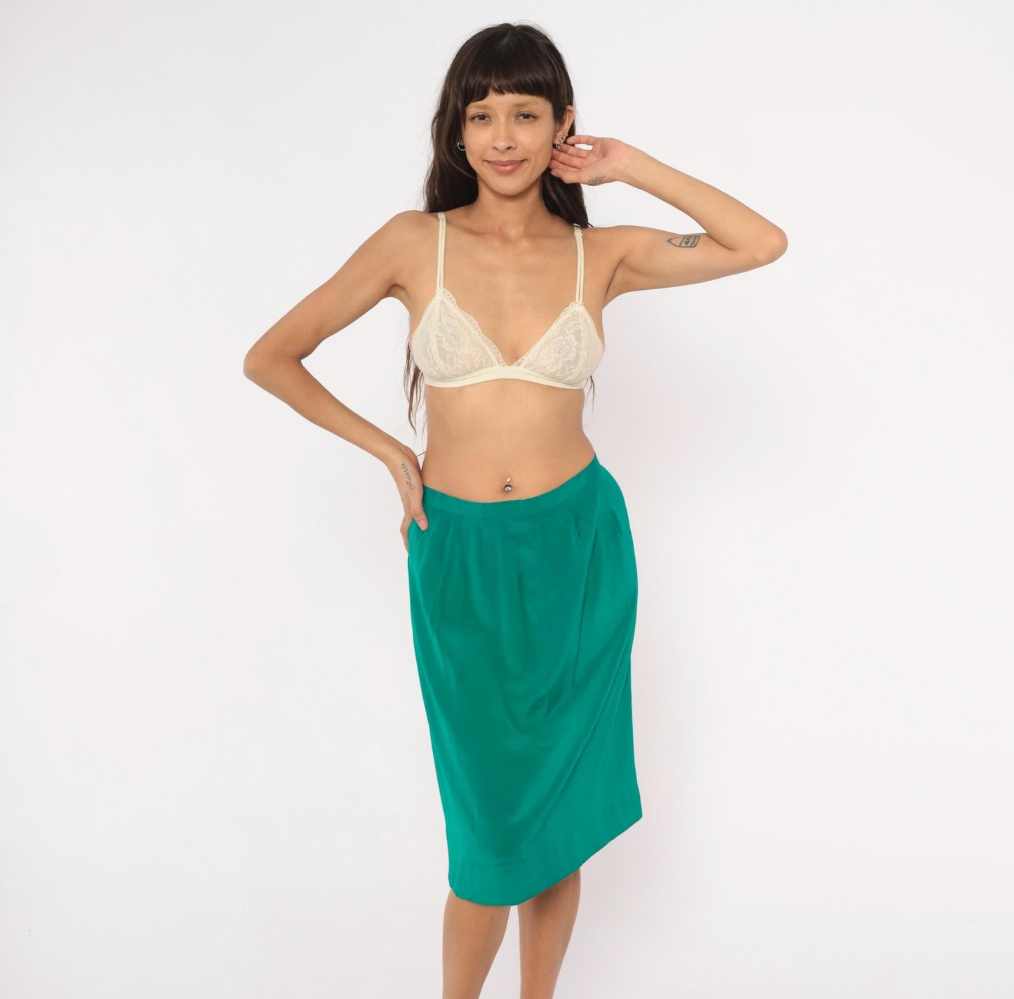 90s Teal Pencil Skirt Emerald Green Pleated A-Line Knee-Length Medium M