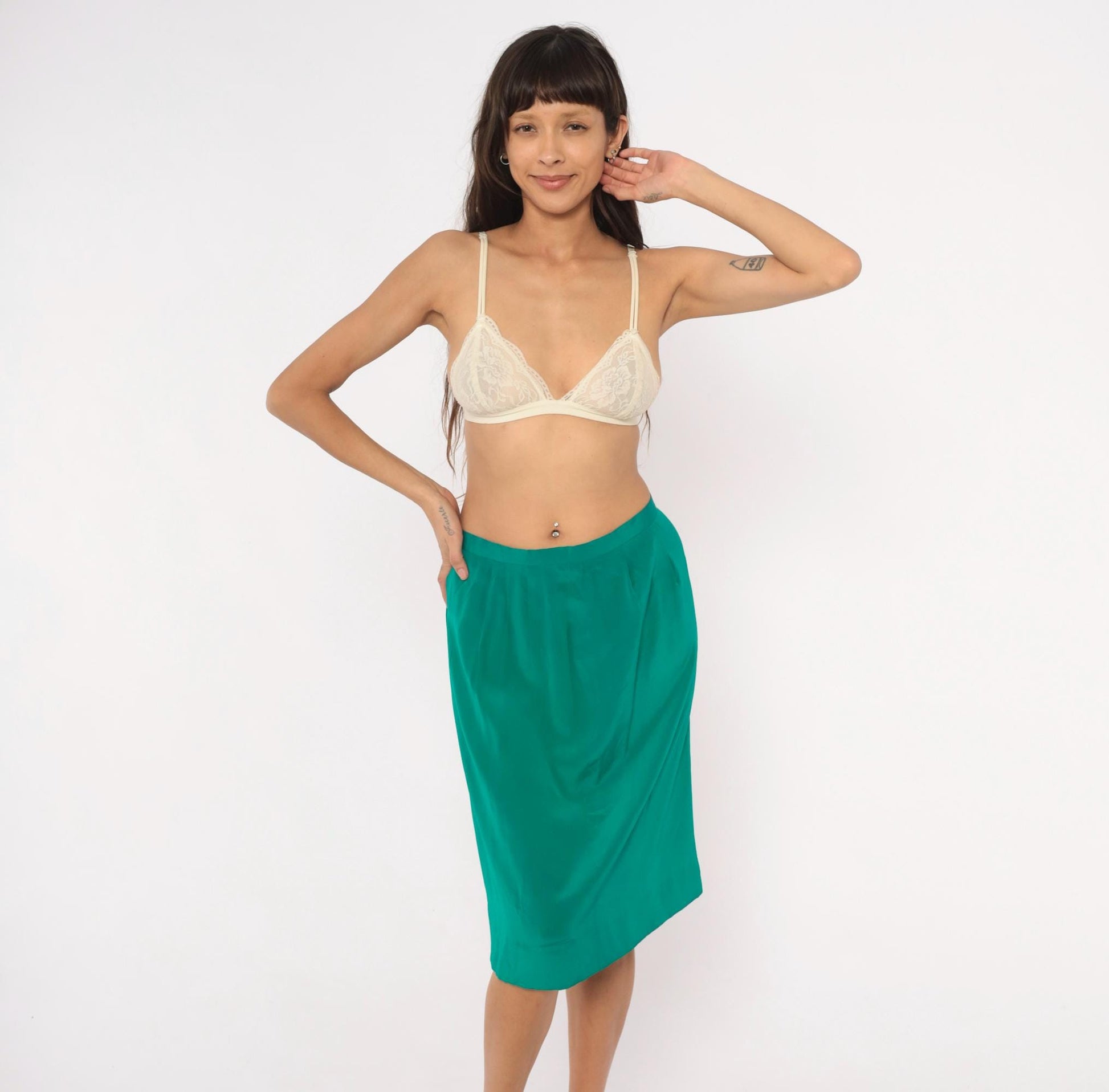 90s Teal Pencil Skirt Emerald Green Pleated A-Line Knee-Length Medium M