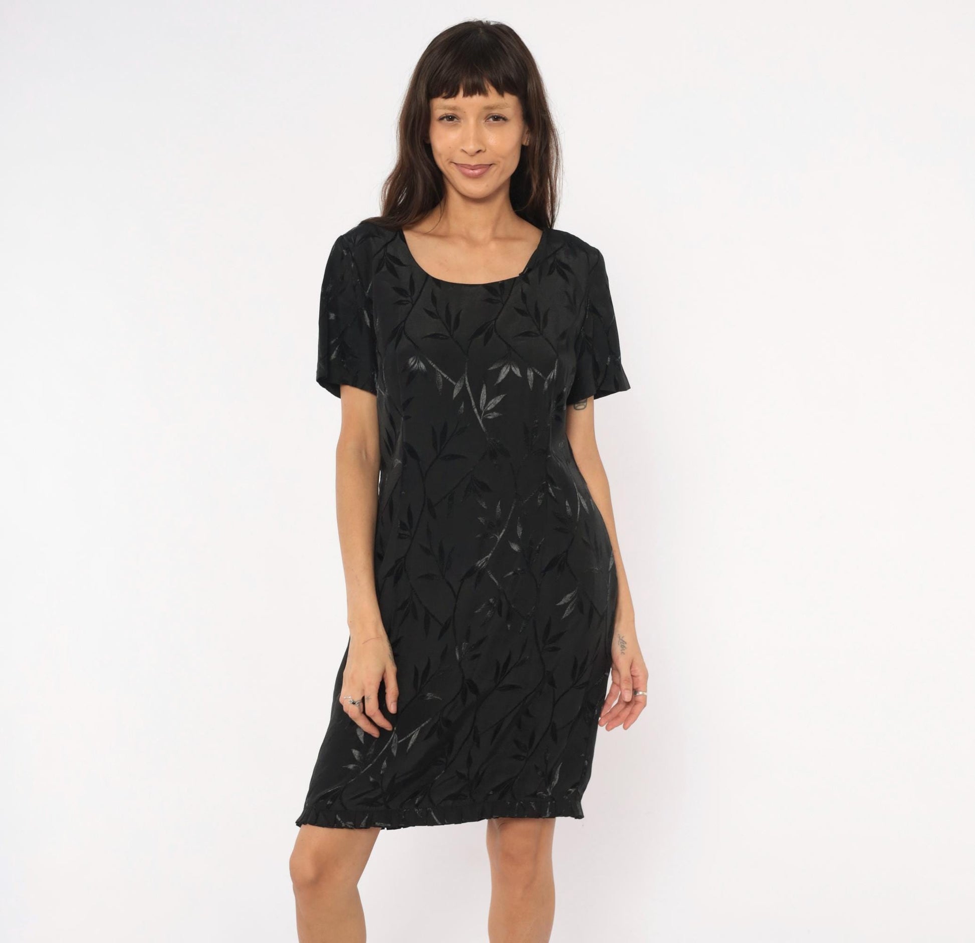 90s Giorgio Fiorlini Black Jacquard Leaf Shift Dress Scoop Neck Large L