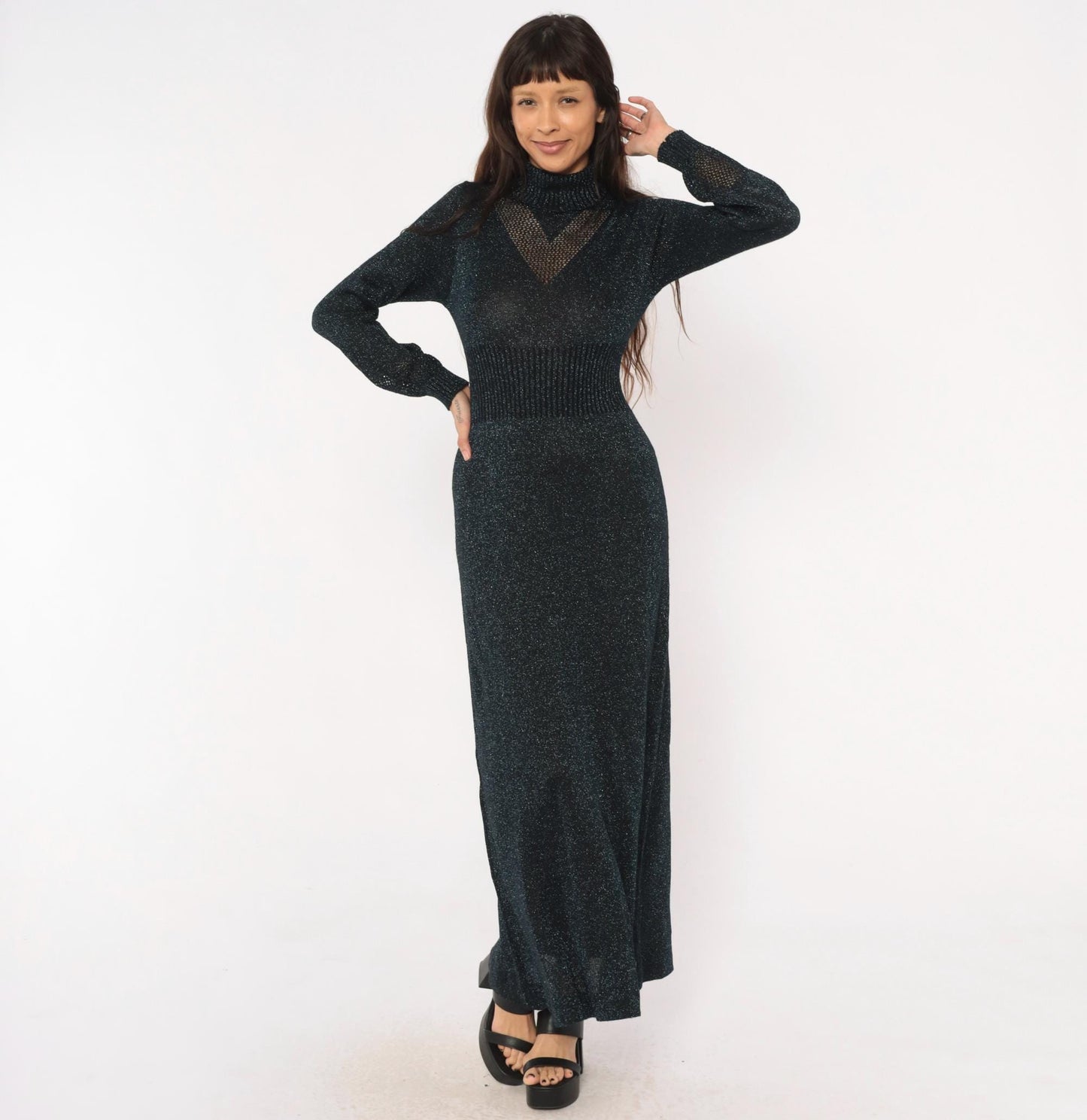 70s Wenjilli Navy Lurex Knit Maxi Dress Metallic Chevron Panel Bishop Sleeve Small