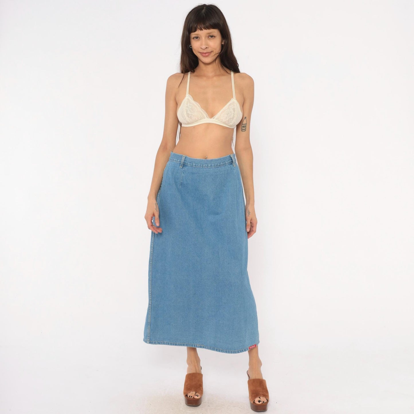 90s No Excuses Denim Maxi Skirt Light Blue A-Line High Waist Cotton Large L
