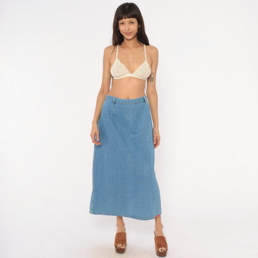 90s No Excuses Denim Maxi Skirt Light Blue A-Line High Waist Cotton Large L