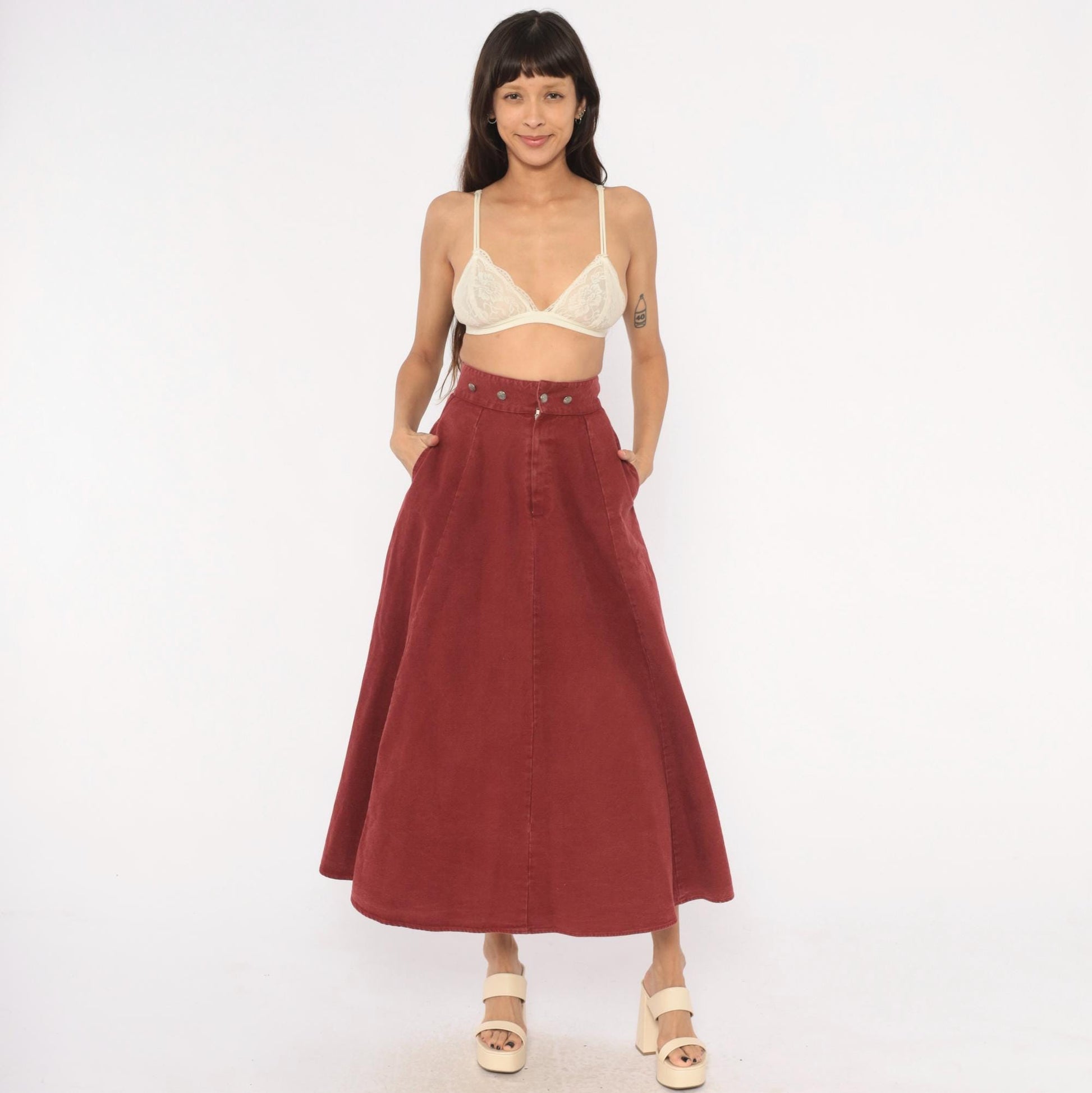 90s Miller Stockman Burgundy Cotton Circle Skirt High Waist Midi Extra Small XS