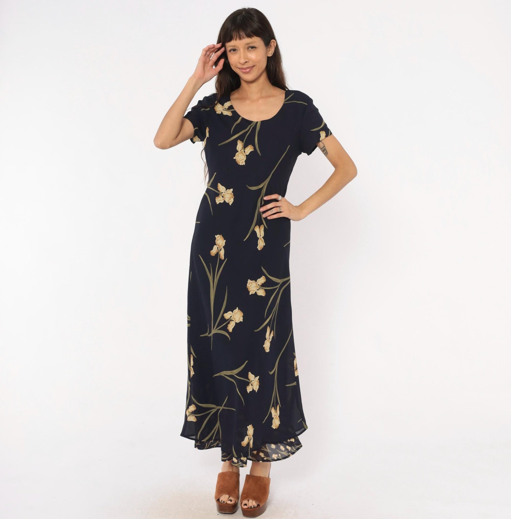 90s Jessica Howard Navy Iris Maxi Dress Botanical Print Medium M