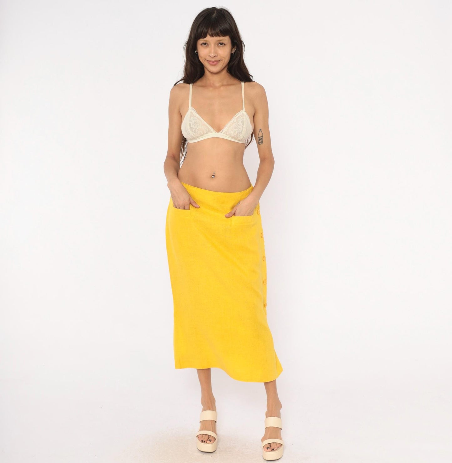 80s Ta. Whitney Linen Midi Skirt Golden Yellow A-Line Large L